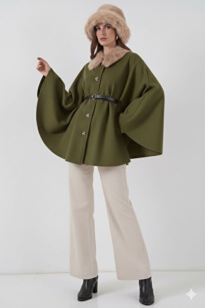 Bulut Giyim Kadın Kemerli Kaşe Haki Panço