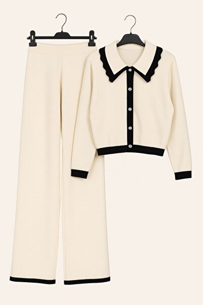 Urban Fit Collection Compleu Dama Tricotat Elegant-Cardigan cu nasturi + Pantaloni Evazati