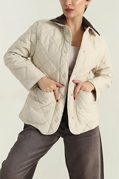 Coşkun GİYİM Women's Collar Detailed Quilted Coat Stone 26206