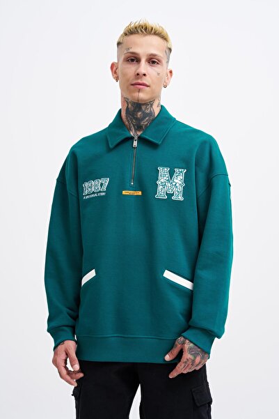 Machinist Erkek Felt Badge Zip Polo Sweatshirt Yağ Yeşili