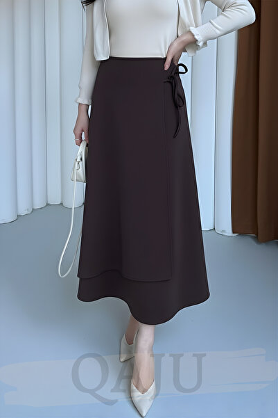 Qaju Kadın Pamuklu Maxi Boy Scuba Etek (95cm)-Kahverengi