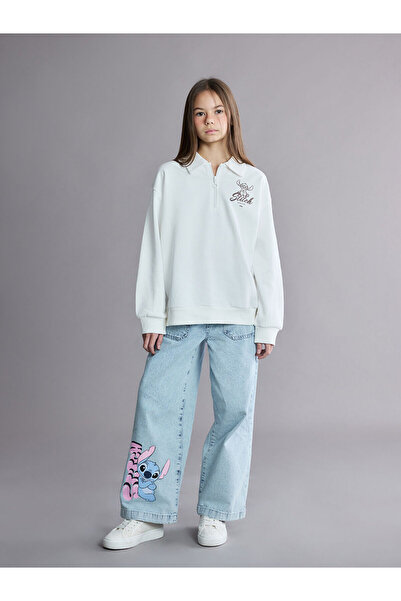 LC Waikiki بنطلون جينز للفتيات بخصر مطاطي وطباعة ستيتش للموسم الجديد