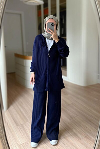 Ka Hijab Hooded Corded Fabric Knitwear Set - Navy Blue