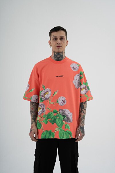 Machinist Men's Rose Flower Printed Oversized T-Shirt Electric Pink