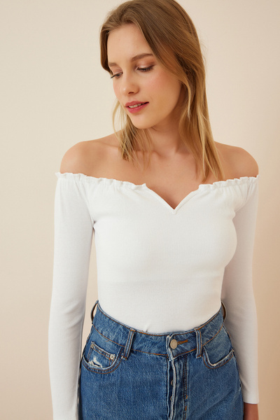 Lovelyİstanbul Drawstring Neck Crop Knitted Blouse Lah0002 White