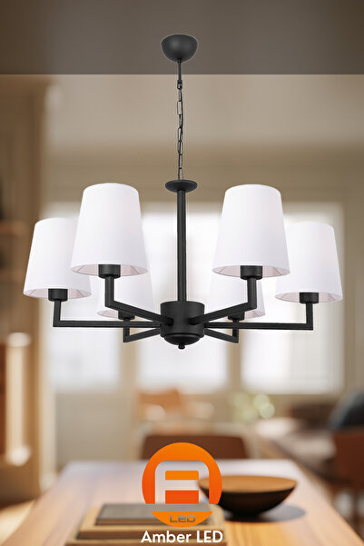 AmberLED Modern Abajur Başlıklı 6'lı Avize Siyah Metal Gövde ile Salon ve Ant...