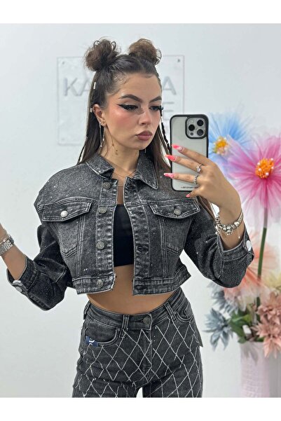 KATYDEA STORE Denim jacket with stamped crystals grey Lorena