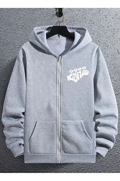 Oceanwear Bass Guitar Printed Zippered Plain Hooded Unisex Fleece-Lined Cardigan