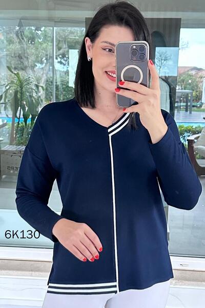 İnce Topuk V-Neck Ribbed Crystal Blouse 6K130