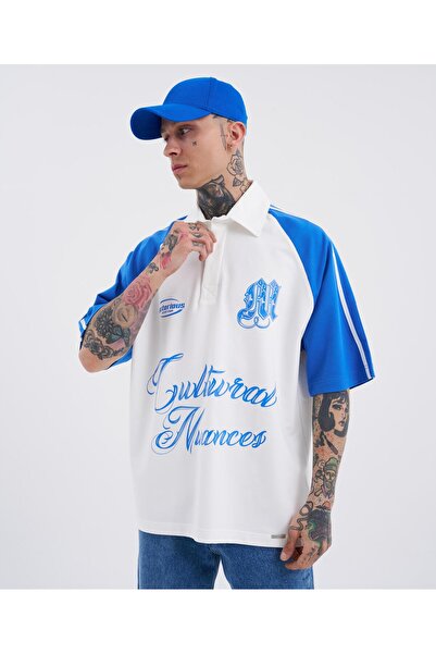 Machinist Men's Striped Sleeves Printed Polo Neck T-Shirt Ecru-Light Blue