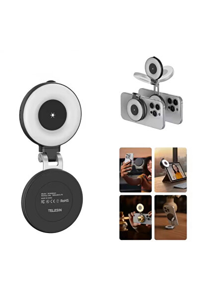 TELESIN حلقة إضاءة مغناطيسية C03 مع مرآة، 3 ألوان وارتفاع قابل للتعديل