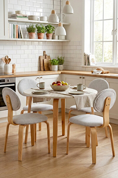 VİLİNZE Lodos Sandalye Demre Yuvarlak Ahşap Mutfak Masası Takımı - 90x90 Cm