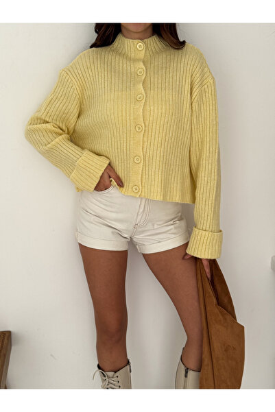 LA POMME Basic Crop Yumuşak Dokulu Dik Yaka Triko Hırka