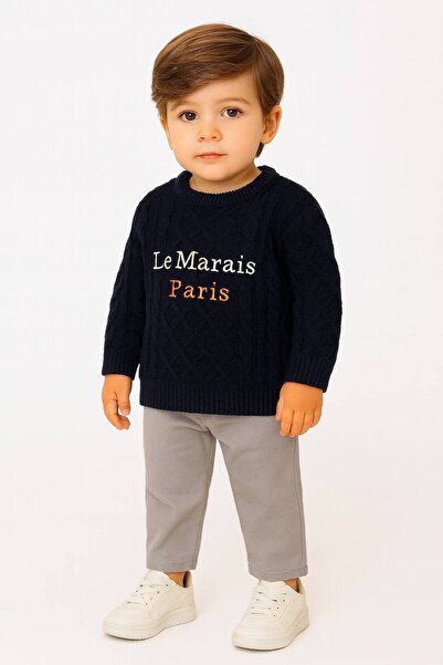 Kız ve Erkek Çocuk Nakış Detaylı Triko Sweatshirt Keten Pantolon Alt Üst Takım