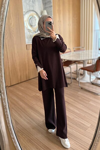 Ka Hijab Tulle Sleeves Mercerized Suit - Brown