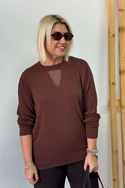 By Esra Celkan Kahve Bisiklet Yaka Pencere Transparan Detaylı Triko