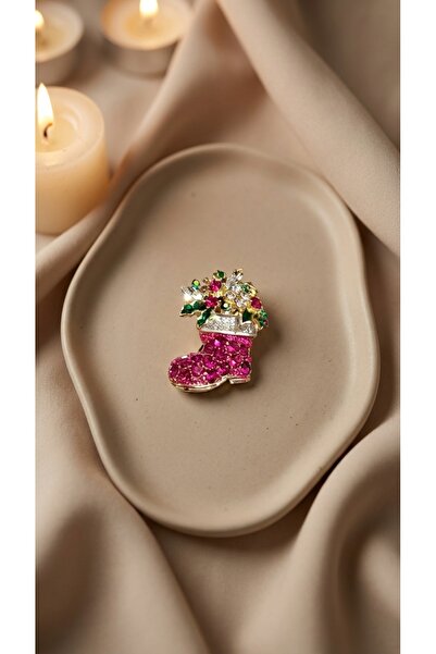 SR Jewelry Box Pembe Işıltılı Yılbaşı Çorabı Broş – Christmas Stocking Brooch – Taşlı & Parlak Tasarım