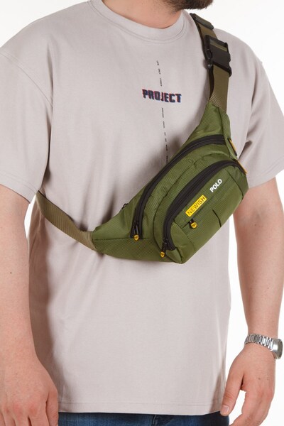 Newish Men's Fabric Crossbody Chest Shoulder and Waist Bag with USB Headphone Jack - Khaki