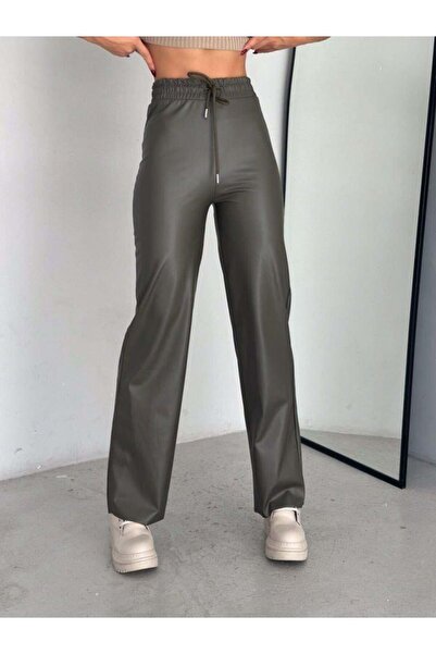 Aymood High waist wide leg Fleece-Lined leather pants.