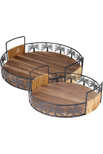 Excellent Houseware Set de 2 tăvi de servire, lemn/metal, 25/30x8,2 cm, maro