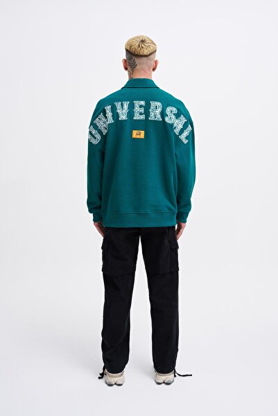 Machinist Men's Felt Badge Zip Polo Sweatshirt Oil Green