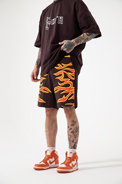 Machinist Men's Relaxed Flame Printed Shorts Brown