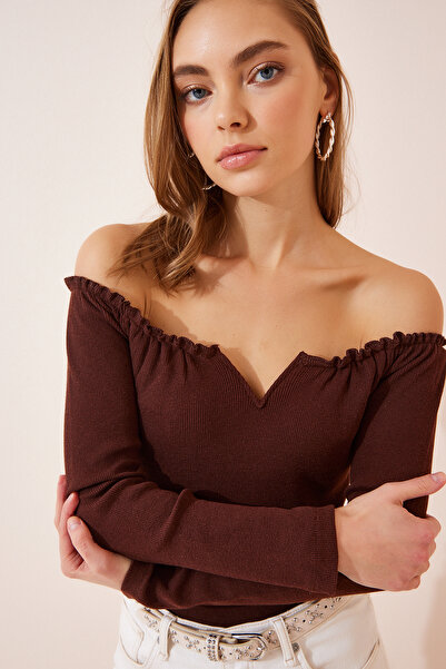 Lovelyİstanbul Drawstring Neck Crop Knitted Blouse Lah0002 Brown