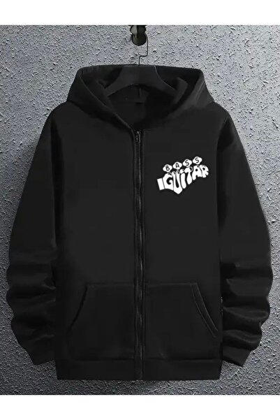 Oceanwear Bass Guitar Printed Zippered Plain Hooded Unisex Fleece-Lined Cardigan