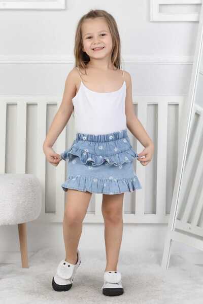 CANAN ÇAKMAK Kız Çocuk Beli Lastikli Katlı Jean Şortlu Mavi Etek