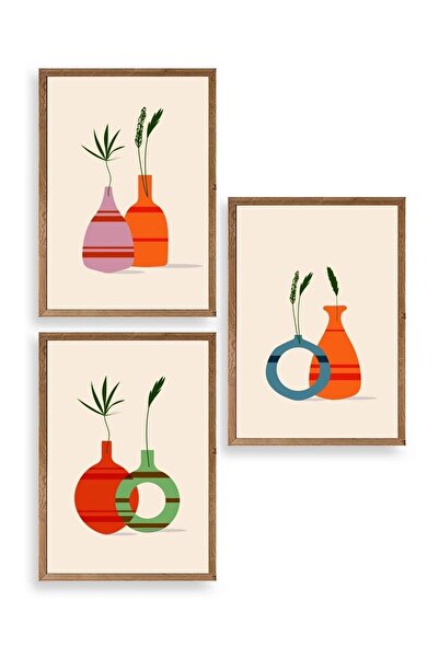 CT STONES Floral Patterned Triple Wooden Framed Painting