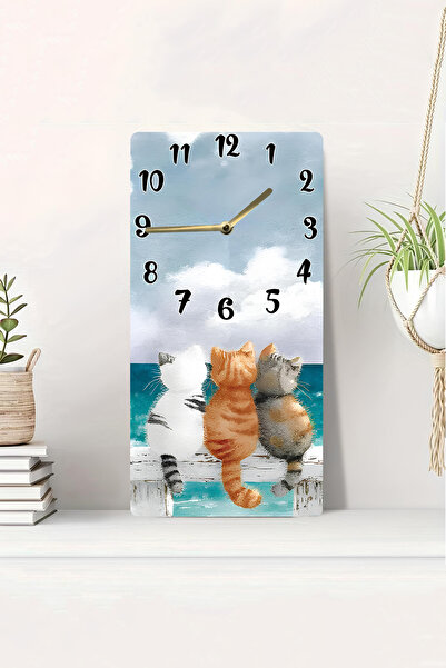 kutuTR 3D Looking Sea View Three Cats Themed 2D Uv Printing Mdf Table Clock 20X40 Cm-Dts051