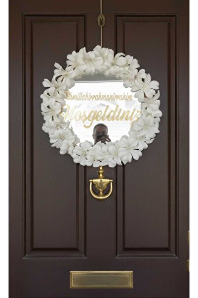 Marka Tasarim Beyaz Yapay çiçekli Ahsap Kapı Süsü Welcome Hoşgeldiniz