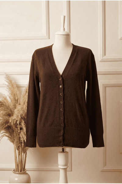 FATELLA Cardigan tricotat cu nasturi, cu decolteu în V, maro închis, pentru f...