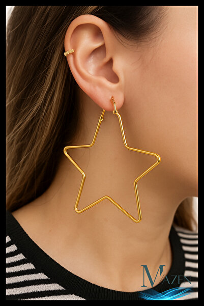 MAZEN Büyük Boy Yıldız Model Çelik Gold Küpe | Hafif & Şık Kadın Aksesuar