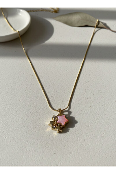 AURRARİ Altın Kaplama Pembe Kalp ve Kalpli Çelik Kolye