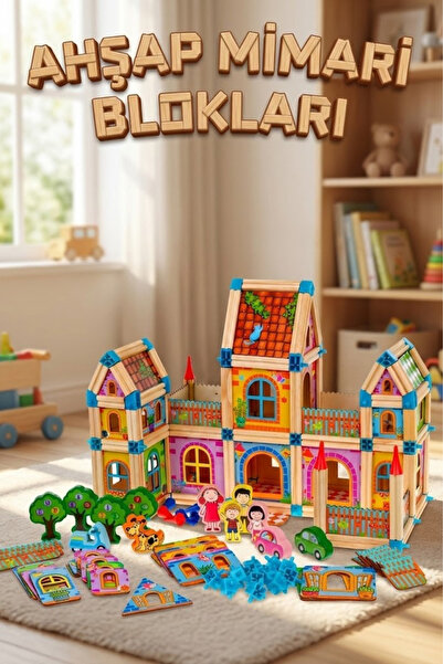 craftivio 268 Parça Ahşap Yapı Blokları Eğitici Şato ve Ev Kurma Seti - Monte...