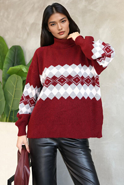 Trend Alaçatı Stili Γυναικείο πλεκτό πουλόβερ με μπορντό ζιβάγκο με διαμάντια...