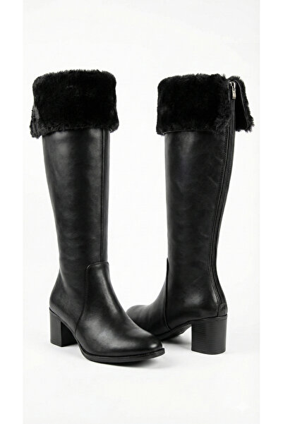 SEEM & BE حذاء نسائي أسود بكعب عالٍ من سامانثا، مصنوع من الفرو النباتي، قابل للطي، مع سحاب خلفي ونعل مضاد للانزلاق