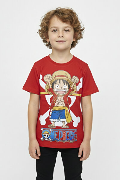 Vaxy Style Erkek Çocuk Bisiklet Yaka Relax Fit Pamuklu One Piece Anime Baskıl...