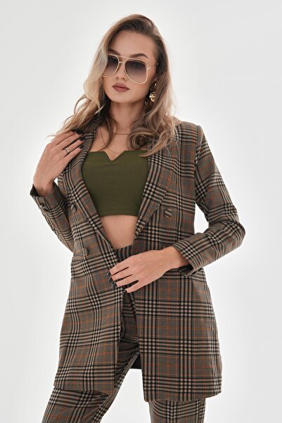 VELİZADE Jachetă lungă cu nasturi, cu guler dublu, cu model în carouri maro, ...