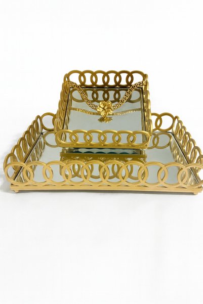 Yavuzhan Metal Gold Framed Mirrored Decorative Tray (20X30) and Napkin Holder (18X18) Set