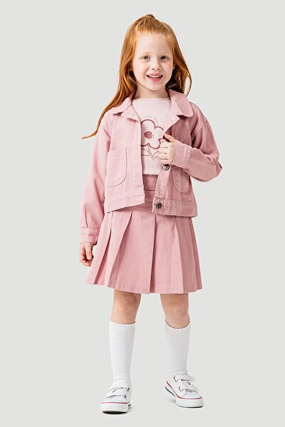 Cansın Mini Dried Rose Daisy Embroidered Jacket Girl's Jean Jacket 3-Piece Set 23434