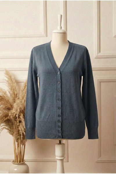 FATELLA Cardigan tricotat cu nasturi, gri Mother, cu decolteu în V, pentru femei