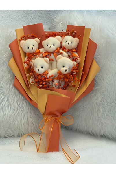 Salish Teddy Bear Çiçek Buketi - Peluş Ayıcık, Turuncu Kurdele, Çiçek Detaylı...