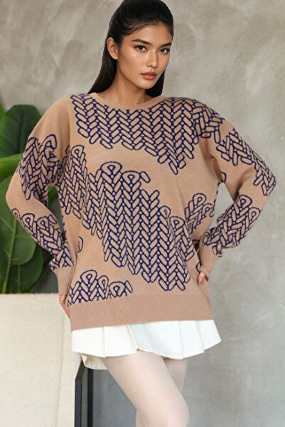 Trend Alaçatı Stili Pulover tricotat cu model guler rotund pentru femei, cafe...