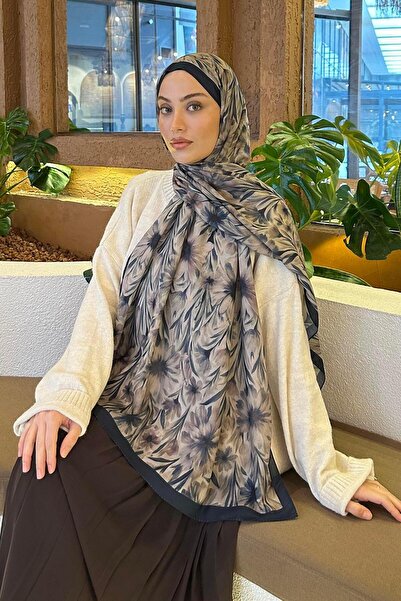lamelif Daisy Flowers Pattern Soft Cotton Shawl Navy Blue Mink