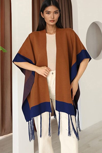 Trend Alaçatı Stili Women's Cinnamon Contrast Stripe Tasseled Poncho Alc-X14746