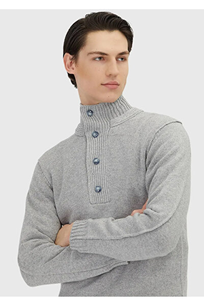 Ramsey Light Gray Half Turtleneck Plain Knit Cashmere Blend Sweater