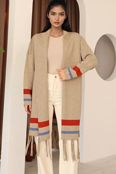 Trend Alaçatı Stili Women's Beige Striped Detail Tasseled Long Cardigan Alc-X14745