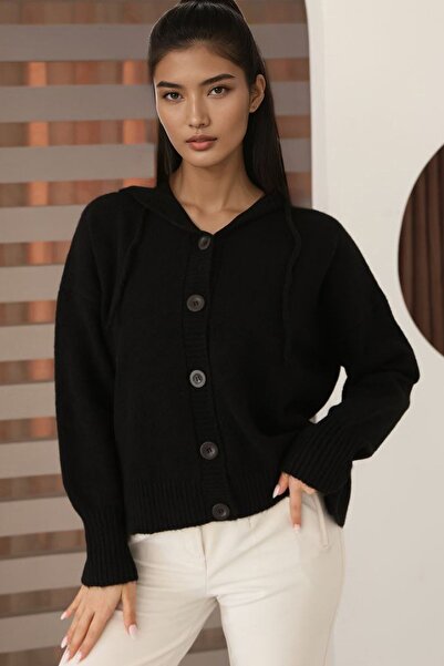 Trend Alaçatı Stili Kadın Siyah Kapüşonlu Triko Hırka Alc-X14743